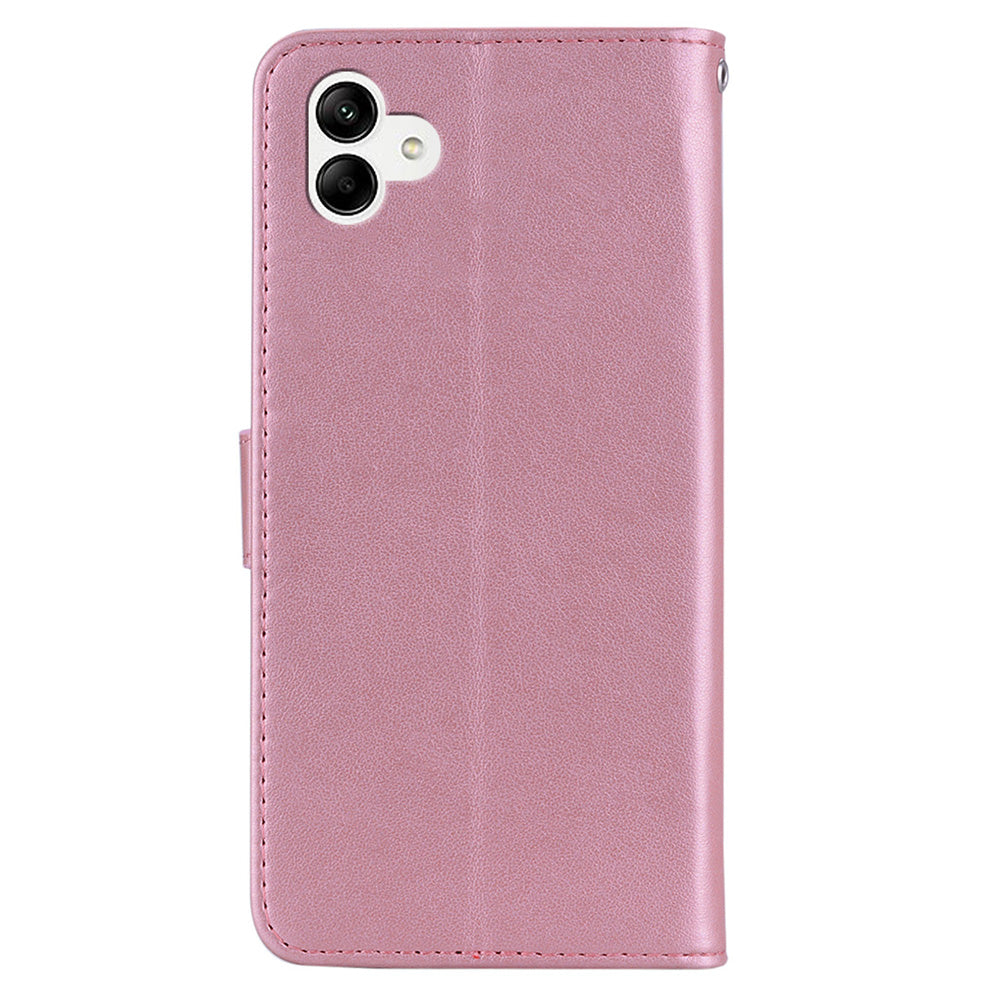 For Samsung Galaxy A06 Wallet Case Owl Flower Imprinted Rhinestone Leather Cover - Rose Gold