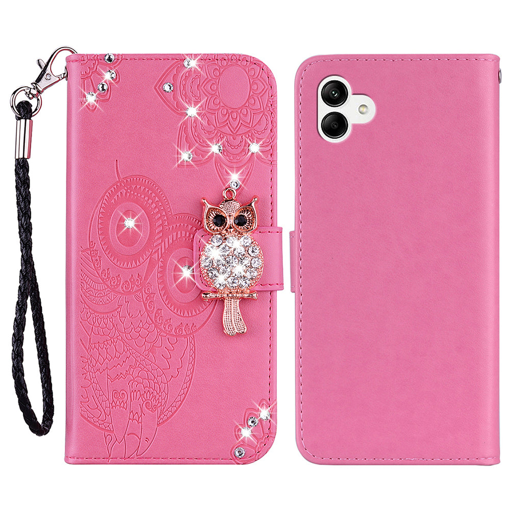 For Samsung Galaxy A06 Wallet Case Owl Flower Imprinted Rhinestone Leather Cover - Rose