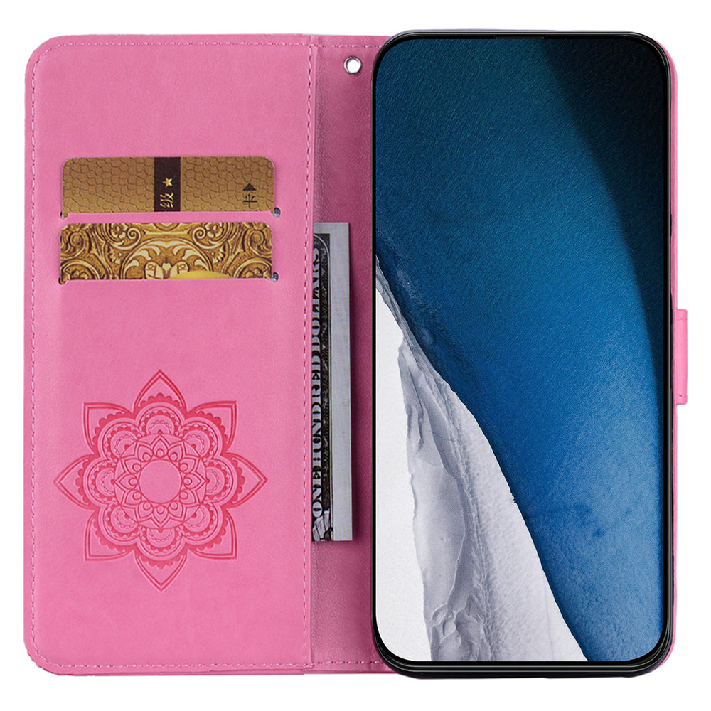 For Samsung Galaxy A06 Wallet Case Owl Flower Imprinted Rhinestone Leather Cover - Rose