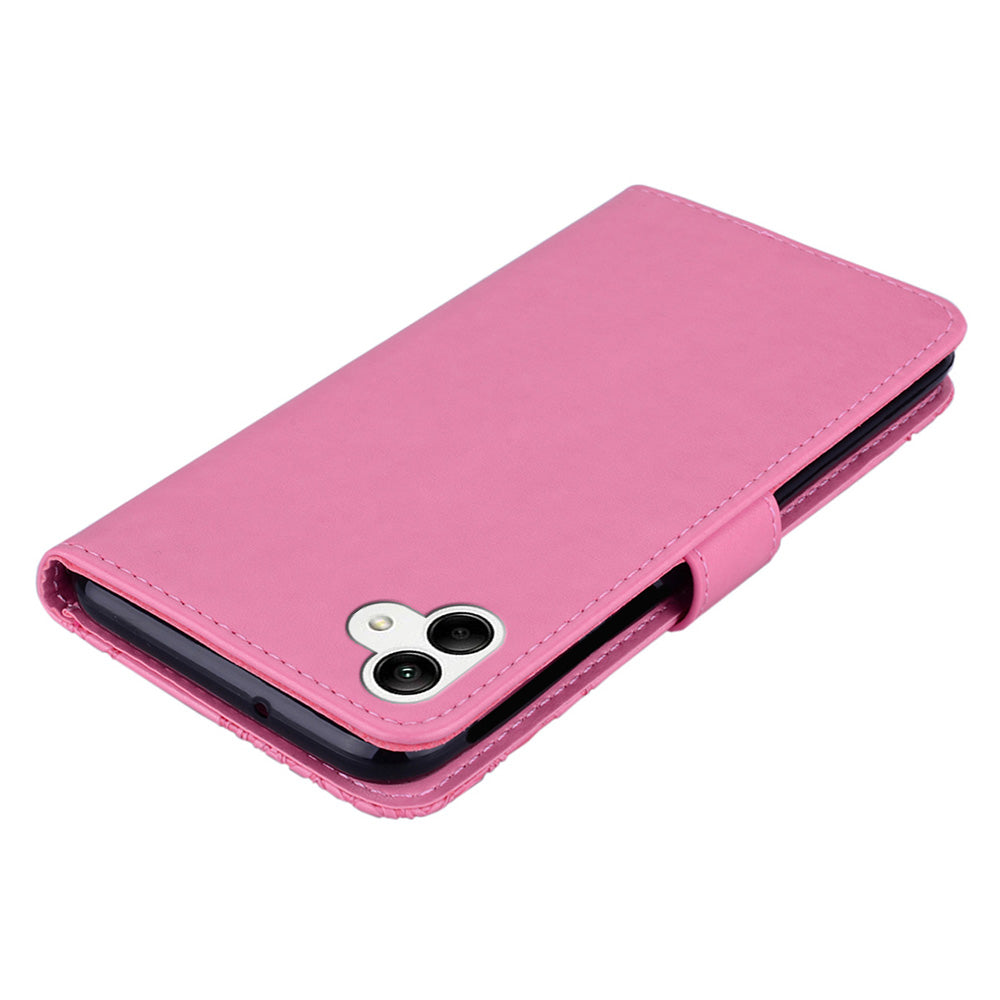 For Samsung Galaxy A06 Wallet Case Owl Flower Imprinted Rhinestone Leather Cover - Rose