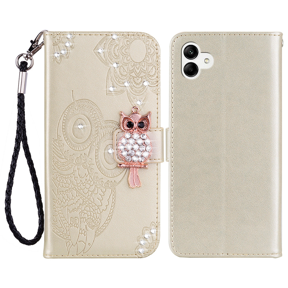 For Samsung Galaxy A06 Wallet Case Owl Flower Imprinted Rhinestone Leather Cover - Gold