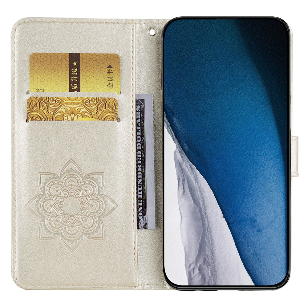 For Samsung Galaxy A06 Wallet Case Owl Flower Imprinted Rhinestone Leather Cover - Gold