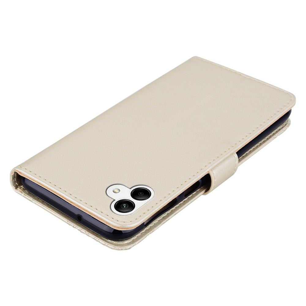 For Samsung Galaxy A06 Wallet Case Owl Flower Imprinted Rhinestone Leather Cover - Gold