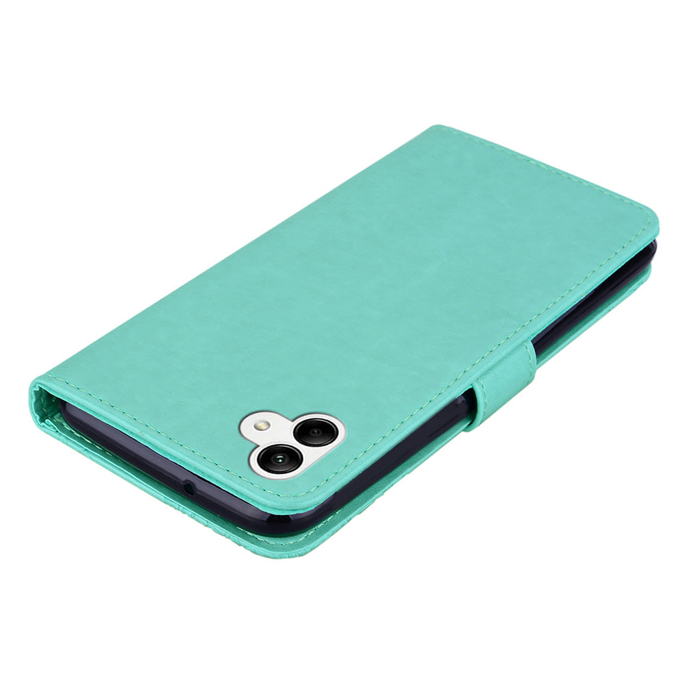 For Samsung Galaxy A06 Wallet Case Owl Flower Imprinted Rhinestone Leather Cover - Cyan