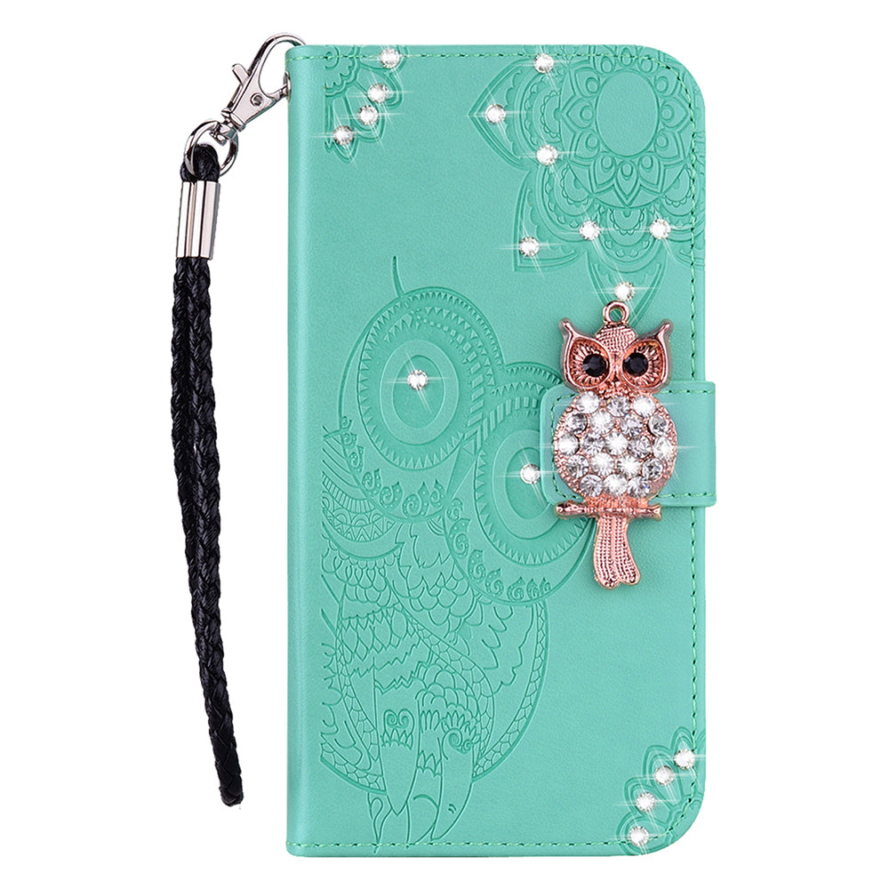 For Samsung Galaxy A06 Wallet Case Owl Flower Imprinted Rhinestone Leather Cover - Cyan