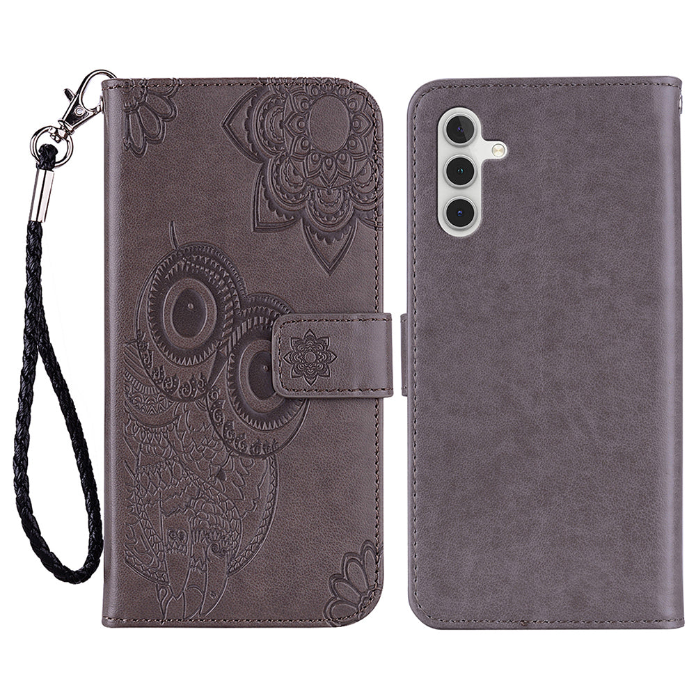 For Samsung Galaxy A16 5G / 4G Case Owl Flower Imprinted Leather Cover Wallet with Strap - Grey