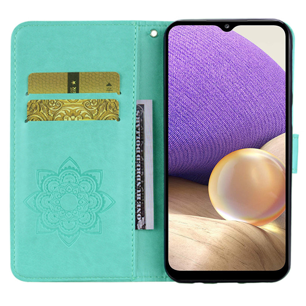 For Samsung Galaxy A16 5G / 4G Case Owl Flower Imprinted Leather Cover Wallet with Strap - Cyan