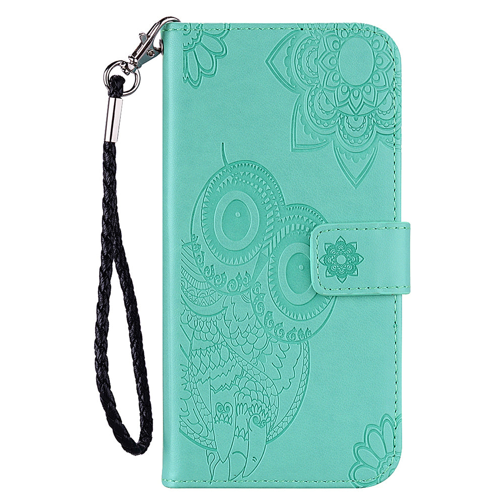 For Samsung Galaxy A16 5G / 4G Case Owl Flower Imprinted Leather Cover Wallet with Strap - Cyan