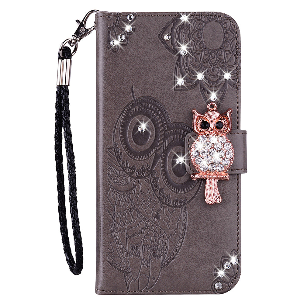 For Samsung Galaxy A16 5G / 4G Wallet Case Owl Flower Imprinted Rhinestone Leather Cover - Grey