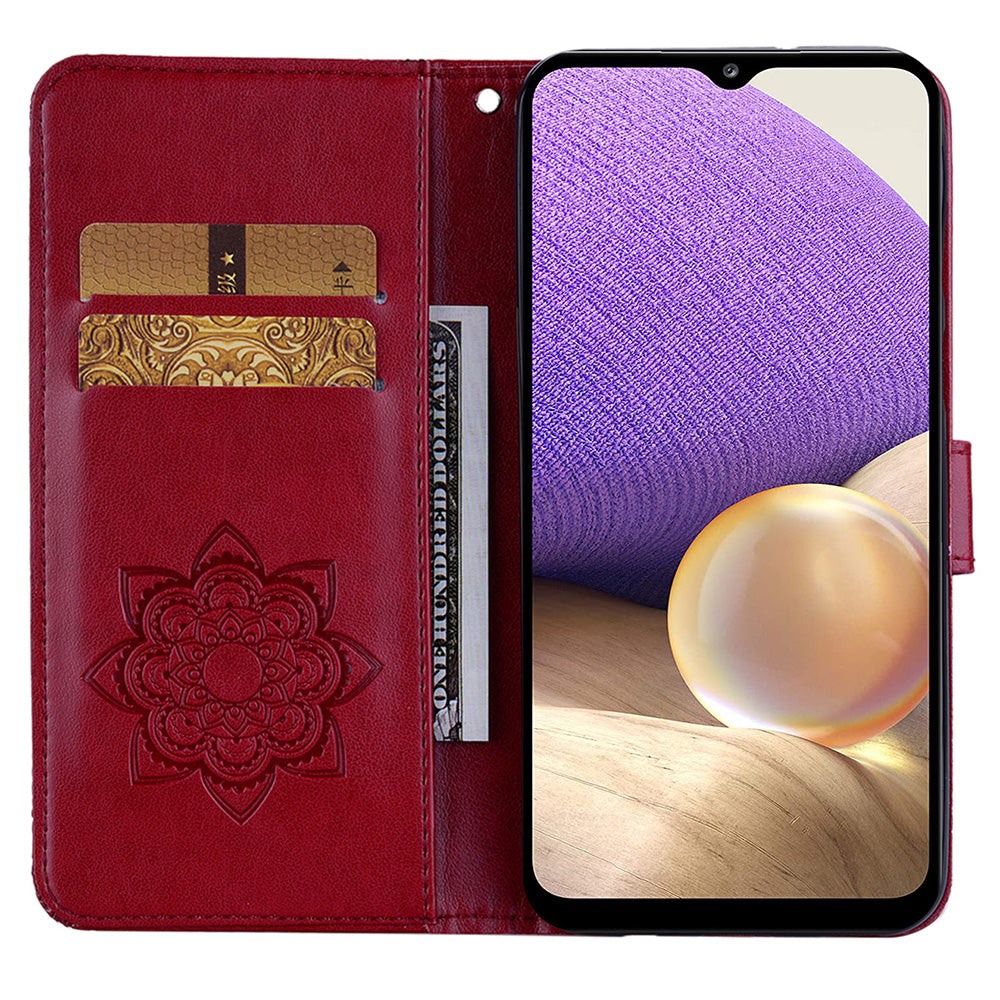 For Samsung Galaxy A16 5G / 4G Wallet Case Owl Flower Imprinted Rhinestone Leather Cover - Red