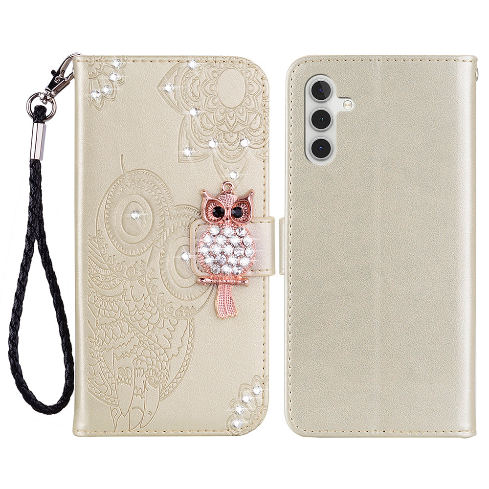For Samsung Galaxy A16 5G / 4G Wallet Case Owl Flower Imprinted Rhinestone Leather Cover - Gold