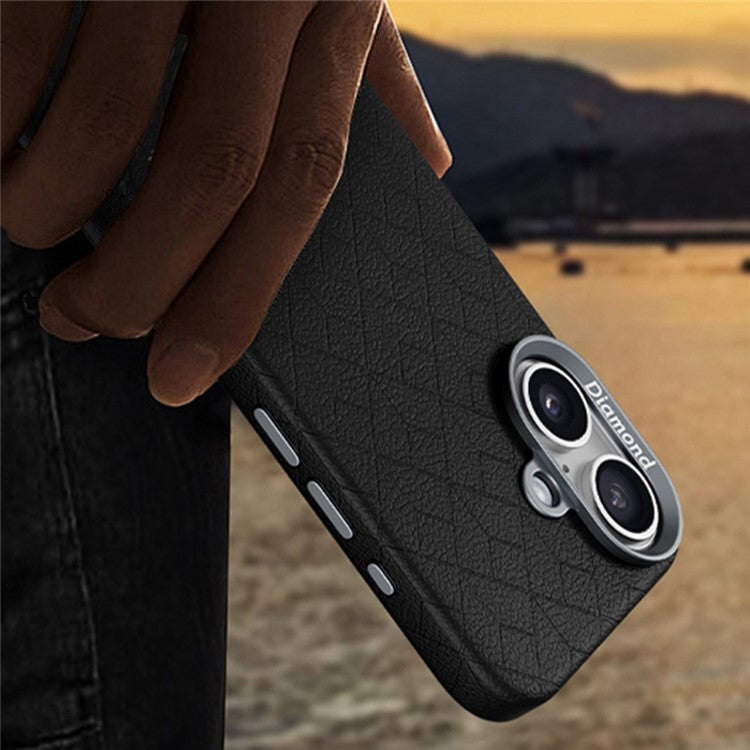 For iPhone 16 Plus Case Compatible with MagSafe Metal Lens Frame Y Pattern PC+PU Phone Cover - Brown