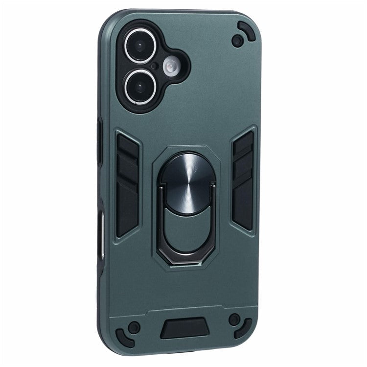 For iPhone 16 Case PC+TPU Drop Defend Phone Cover with Ring Kickstand - Green