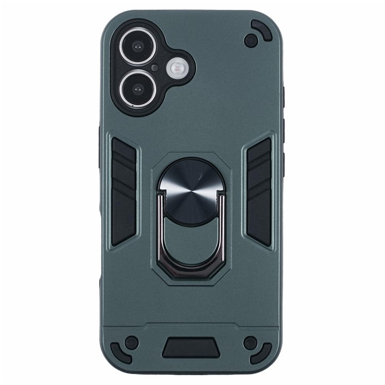 For iPhone 16 Case PC+TPU Drop Defend Phone Cover with Ring Kickstand - Green