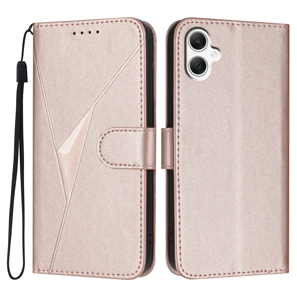 YX0090 For Samsung Galaxy A06 Case Triangle Imprint Leather Phone Cover with Lanyard - Rose Gold