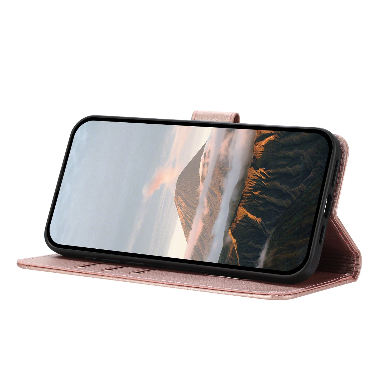 YX0090 For Samsung Galaxy A06 Case Triangle Imprint Leather Phone Cover with Lanyard - Rose Gold