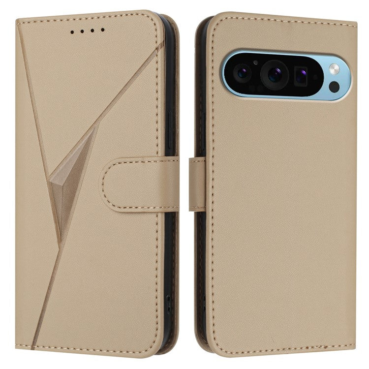 For Google Pixel 9 Pro XL Case Triangle Imprint Leather Phone Cover with Lanyard - Gold