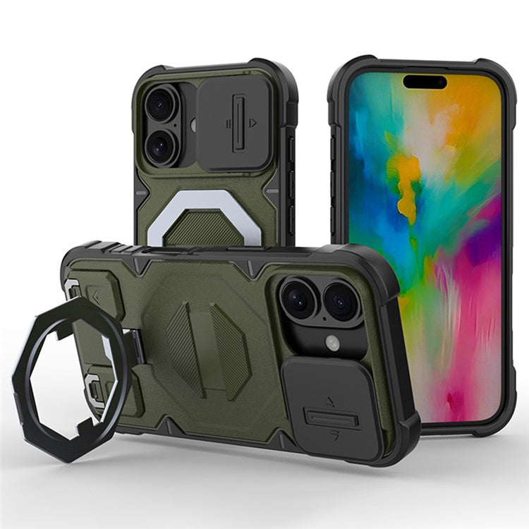 For iPhone 16 Case Compatible with MagSafe PC+TPU Kickstand Phone Cover with Lanyard - Green