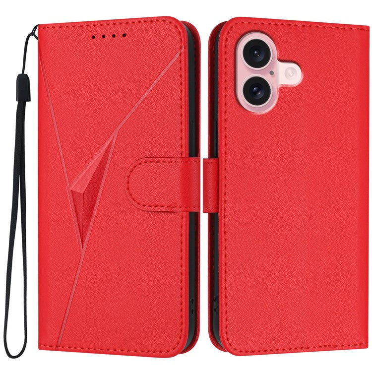 YX0090 For iPhone 16 Case Triangle Imprint Leather Phone Cover with Lanyard - Red