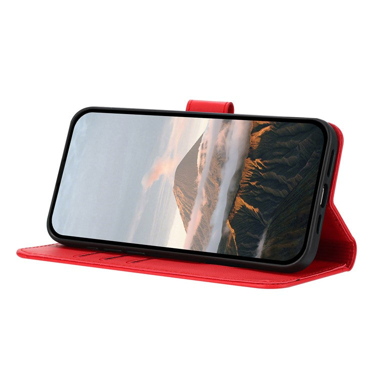 YX0090 For iPhone 16 Case Triangle Imprint Leather Phone Cover with Lanyard - Red