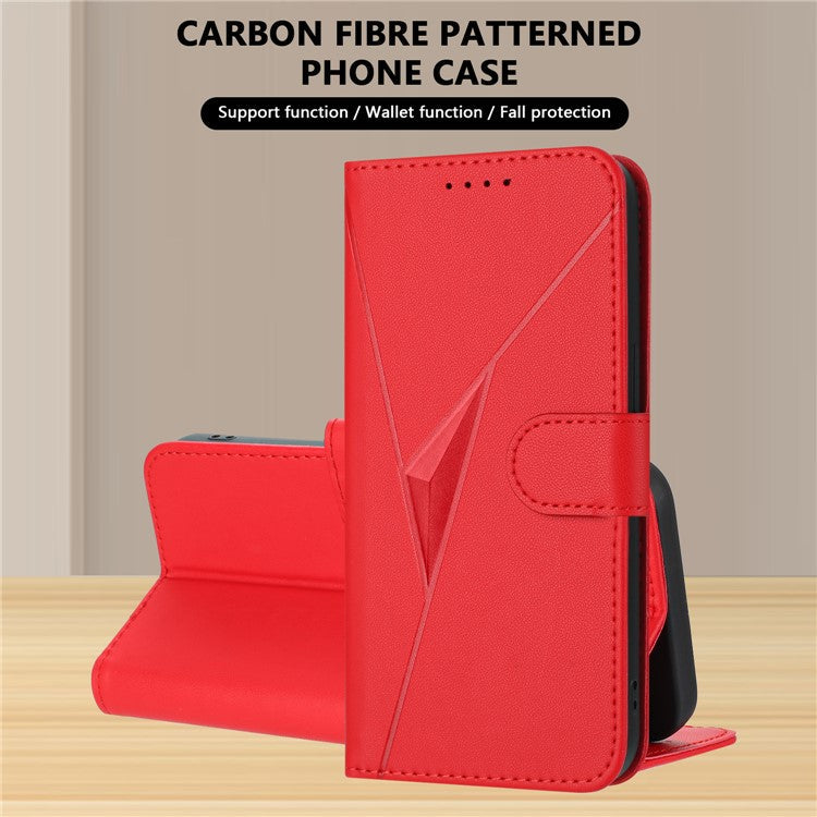 YX0090 For iPhone 16 Case Triangle Imprint Leather Phone Cover with Lanyard - Red