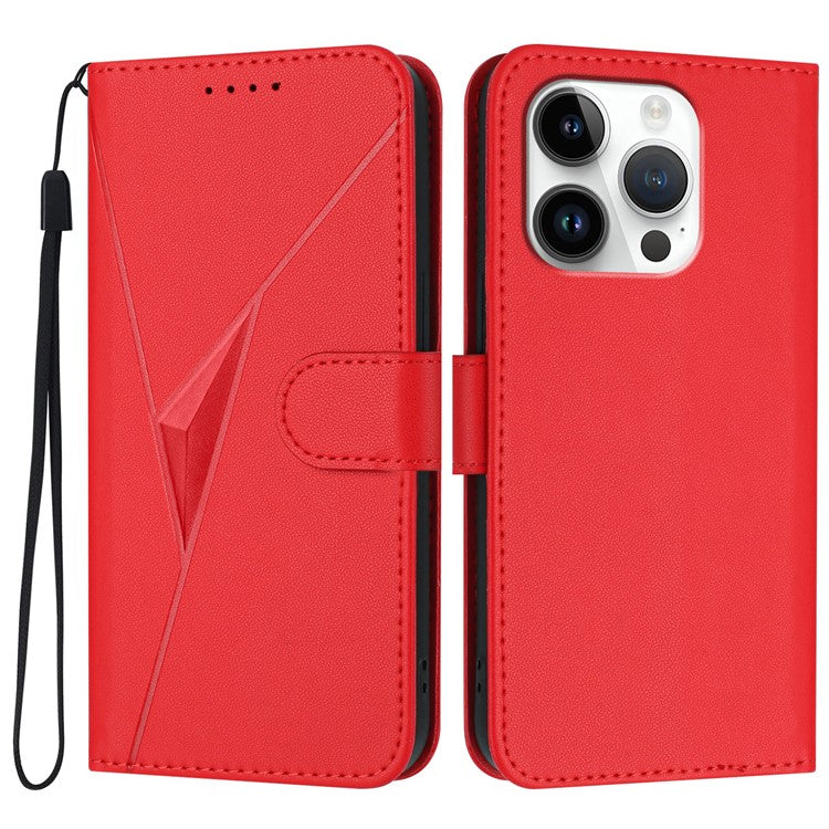 YX0090 For iPhone 16 Pro Case Triangle Imprint Leather Phone Cover with Lanyard - Red