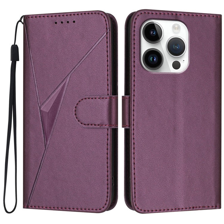 YX0090 For iPhone 16 Pro Case Triangle Imprint Leather Phone Cover with Lanyard - Dark Purple