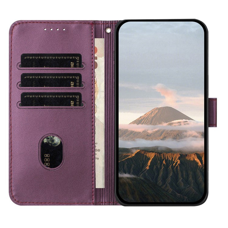 YX0090 For iPhone 16 Pro Case Triangle Imprint Leather Phone Cover with Lanyard - Dark Purple