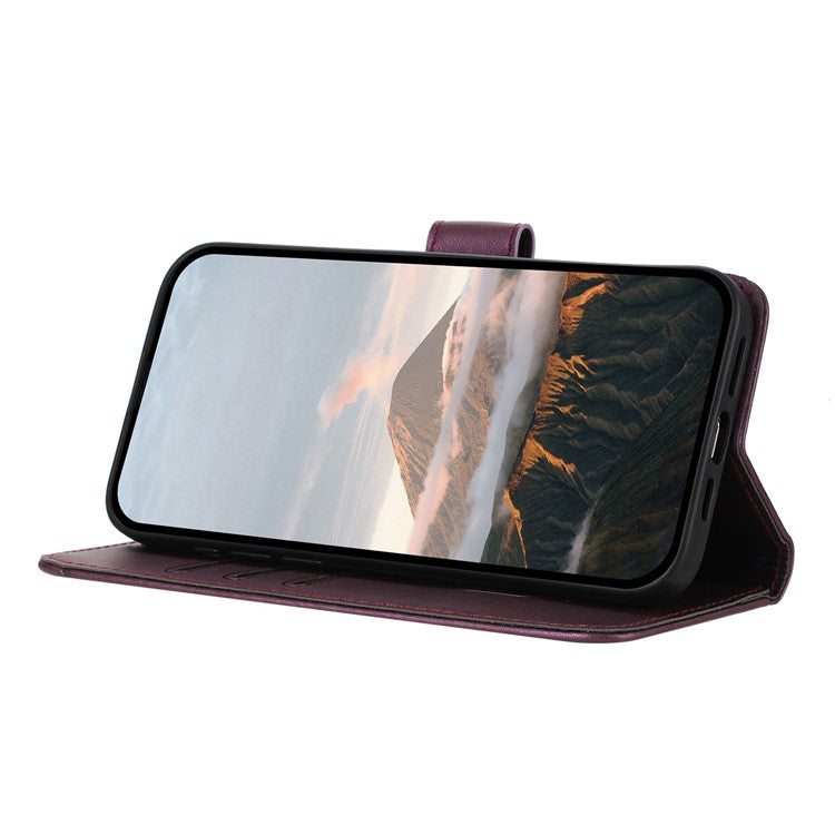 YX0090 For iPhone 16 Pro Case Triangle Imprint Leather Phone Cover with Lanyard - Dark Purple