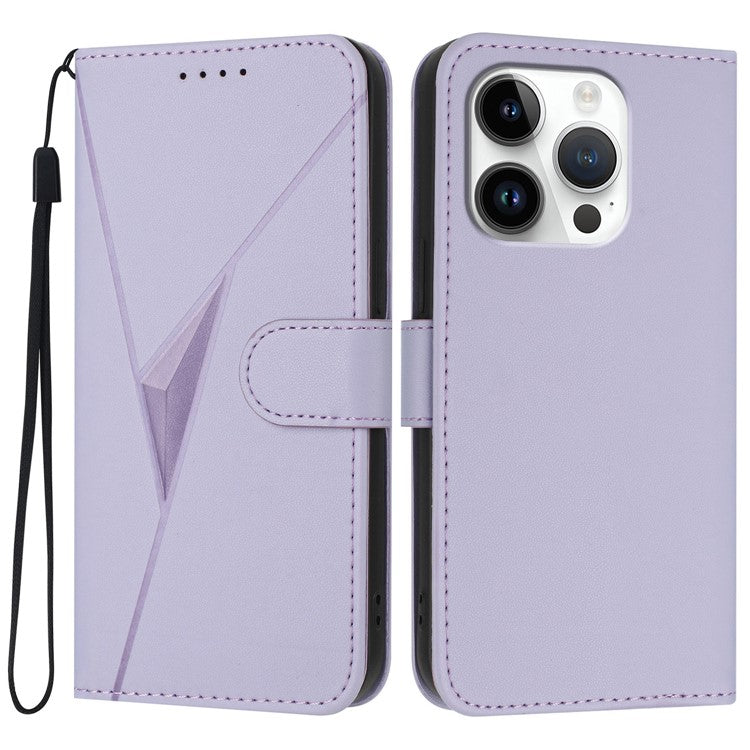YX0090 For iPhone 16 Pro Case Triangle Imprint Leather Phone Cover with Lanyard - Light Purple