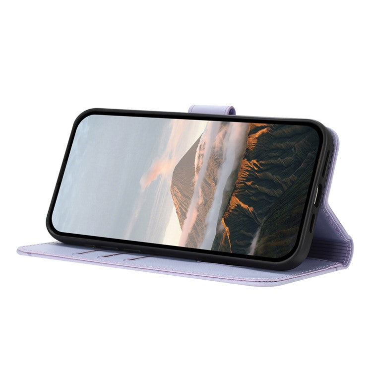 YX0090 For iPhone 16 Pro Case Triangle Imprint Leather Phone Cover with Lanyard - Light Purple
