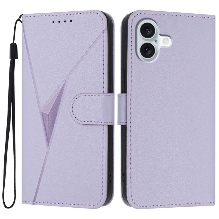 YX0090 For iPhone 16 Plus Case Triangle Imprint Leather Phone Cover with Lanyard - Light Purple