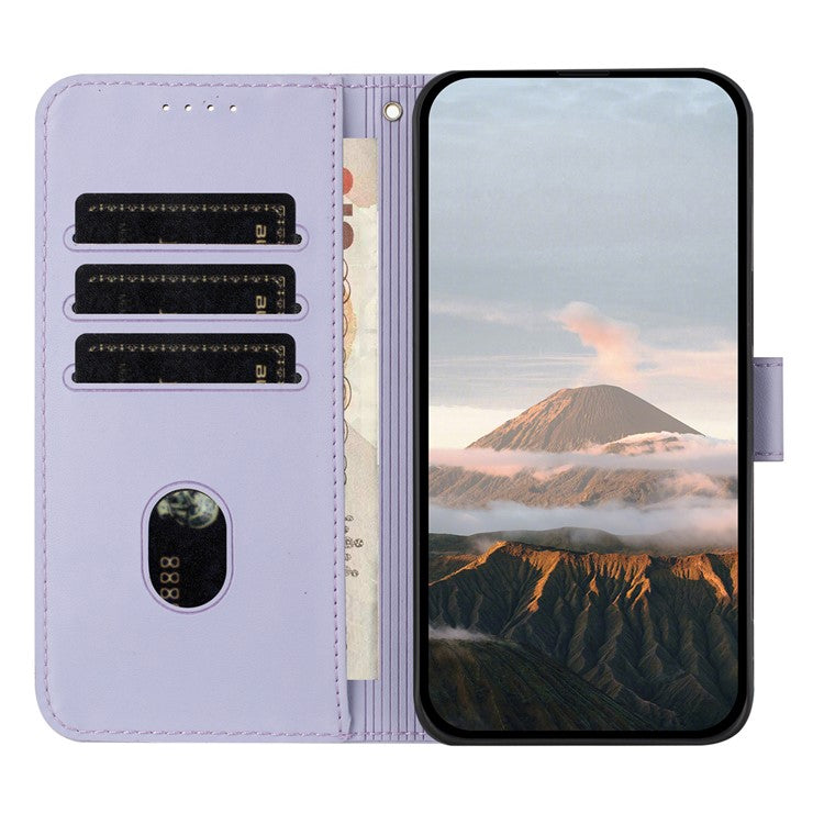 YX0090 For iPhone 16 Plus Case Triangle Imprint Leather Phone Cover with Lanyard - Light Purple