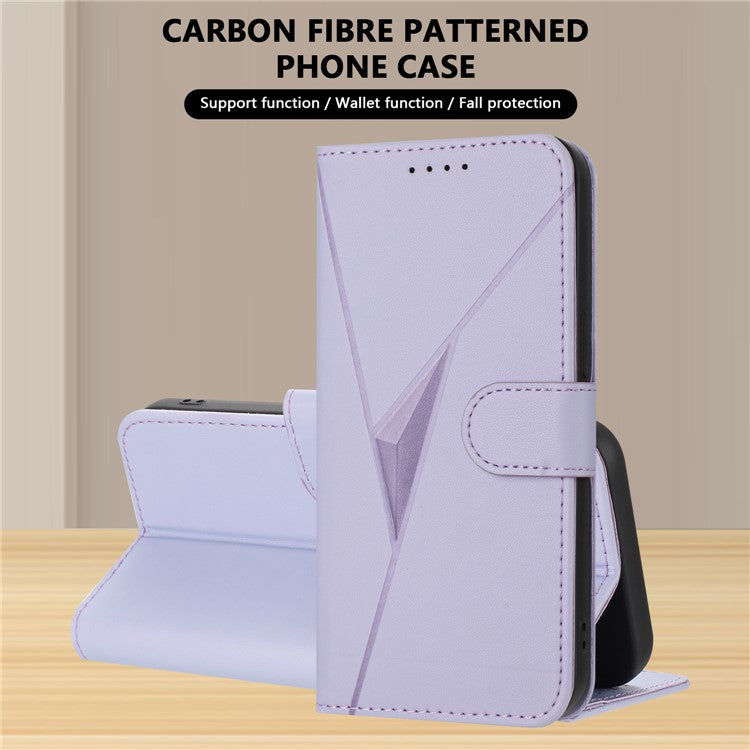 YX0090 For iPhone 16 Plus Case Triangle Imprint Leather Phone Cover with Lanyard - Light Purple