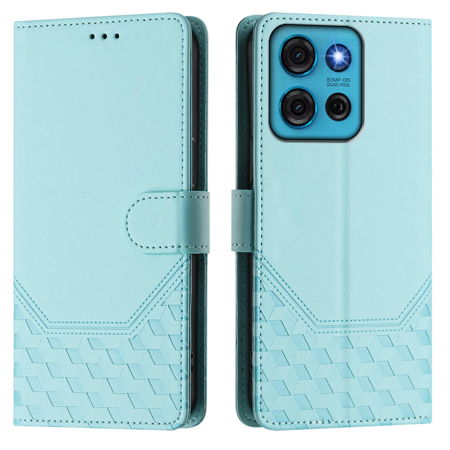 For Motorola Moto G75 5G Case Imprinted Honeycomb RFID Blocking Leather Phone Cover with Strap - Mint Green