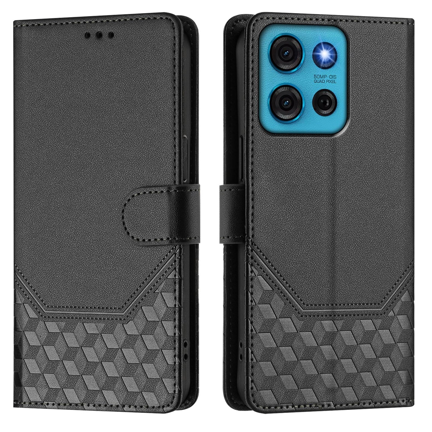 For Motorola Moto G75 5G Case Imprinted Honeycomb RFID Blocking Leather Phone Cover with Strap - Black
