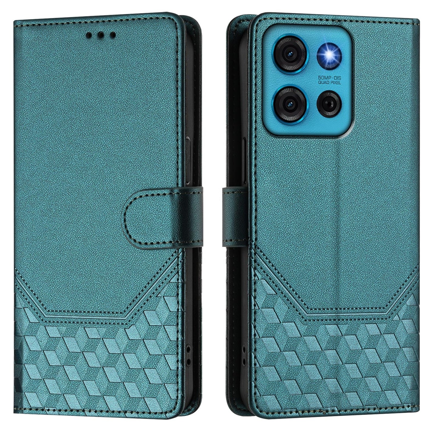 For Motorola Moto G75 5G Case Imprinted Honeycomb RFID Blocking Leather Phone Cover with Strap - Green
