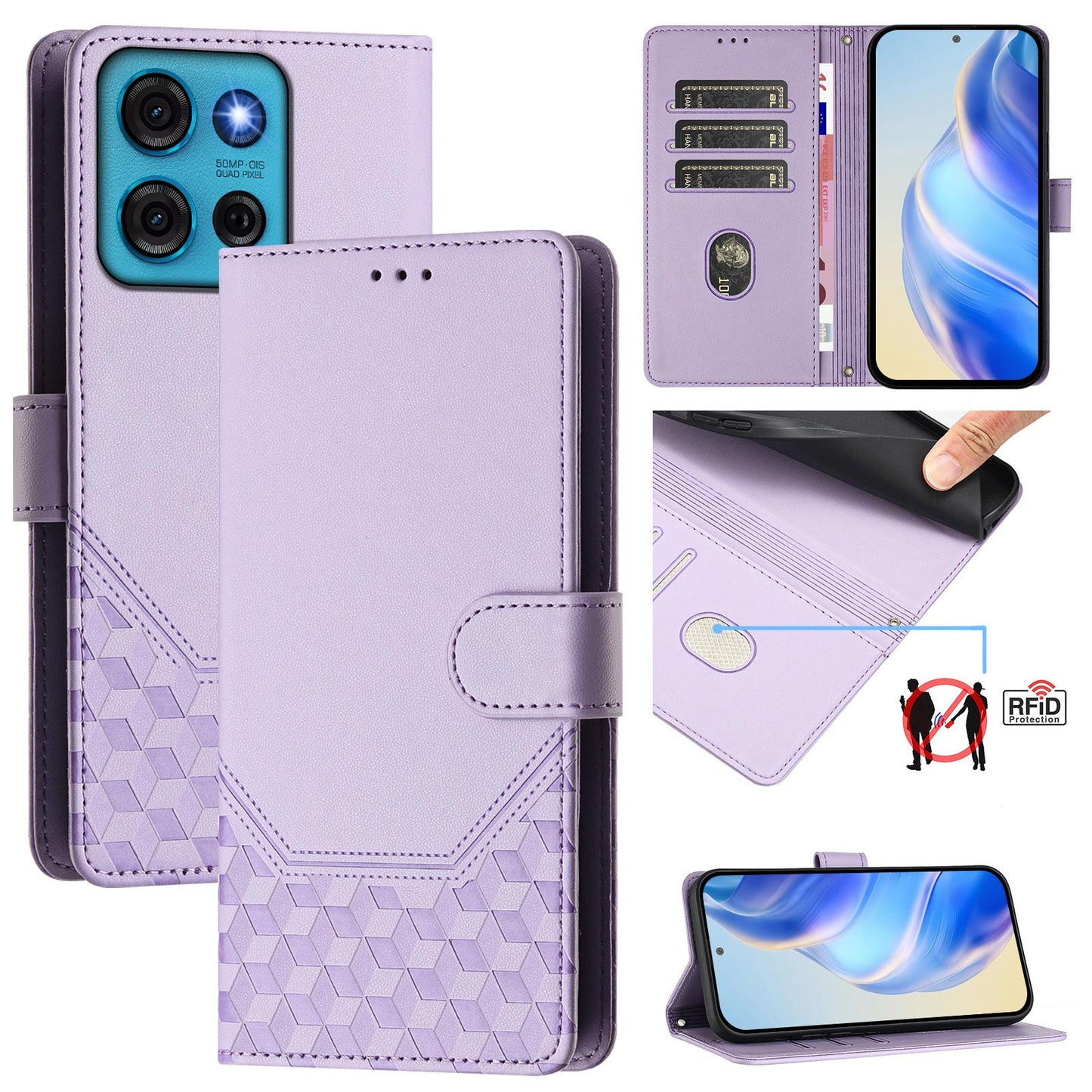 For Motorola Moto G75 5G Case Imprinted Honeycomb RFID Blocking Leather Phone Cover with Strap - Light Purple