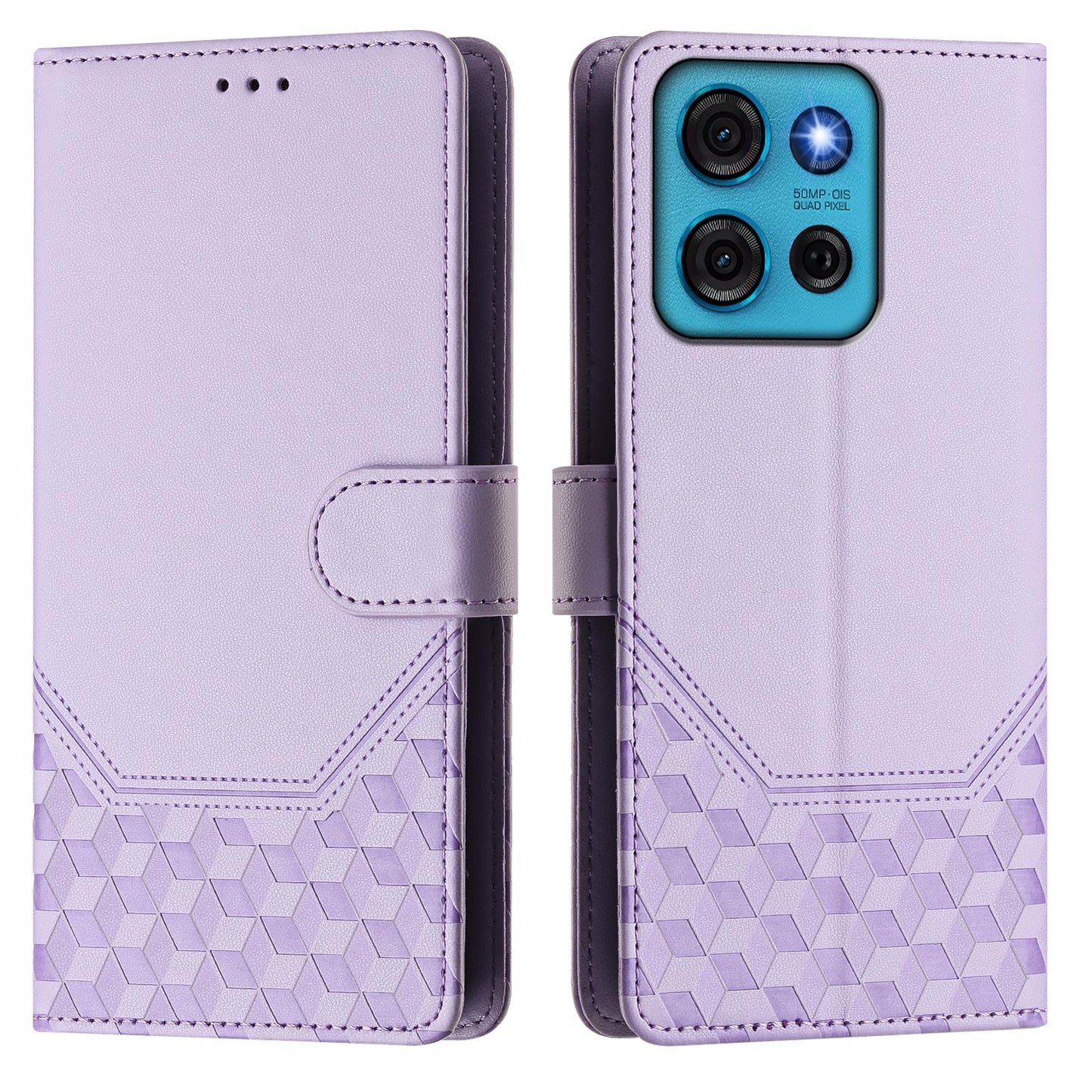 For Motorola Moto G75 5G Case Imprinted Honeycomb RFID Blocking Leather Phone Cover with Strap - Light Purple