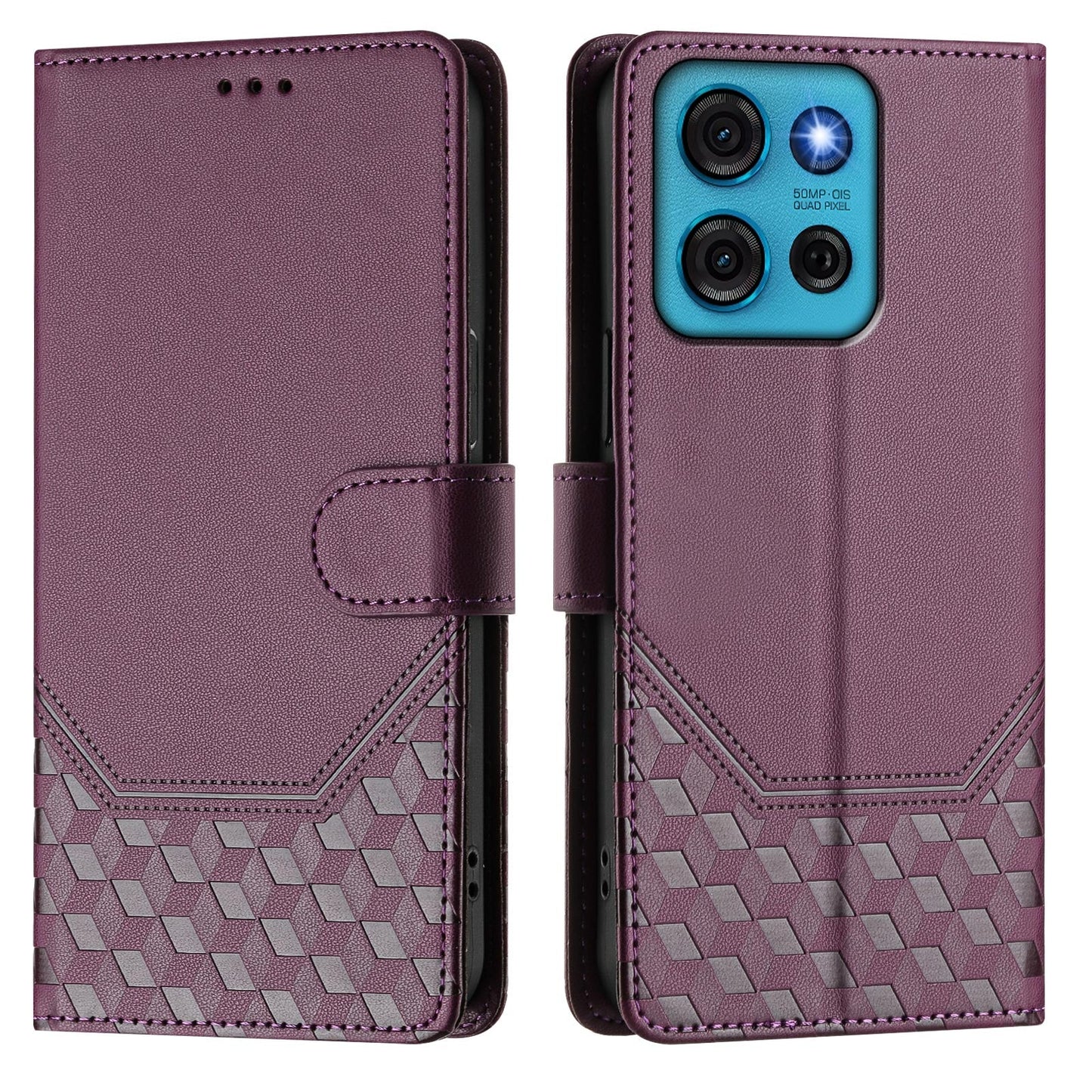 For Motorola Moto G75 5G Case Imprinted Honeycomb RFID Blocking Leather Phone Cover with Strap - Dark Purple