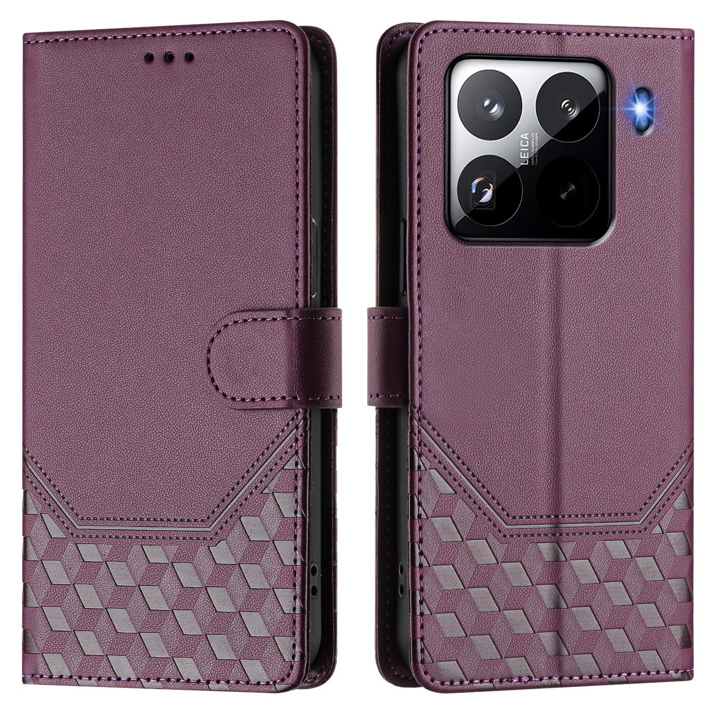For Xiaomi 15 Pro Case Imprinted Honeycomb RFID Blocking Leather Phone Cover with Strap - Dark Purple