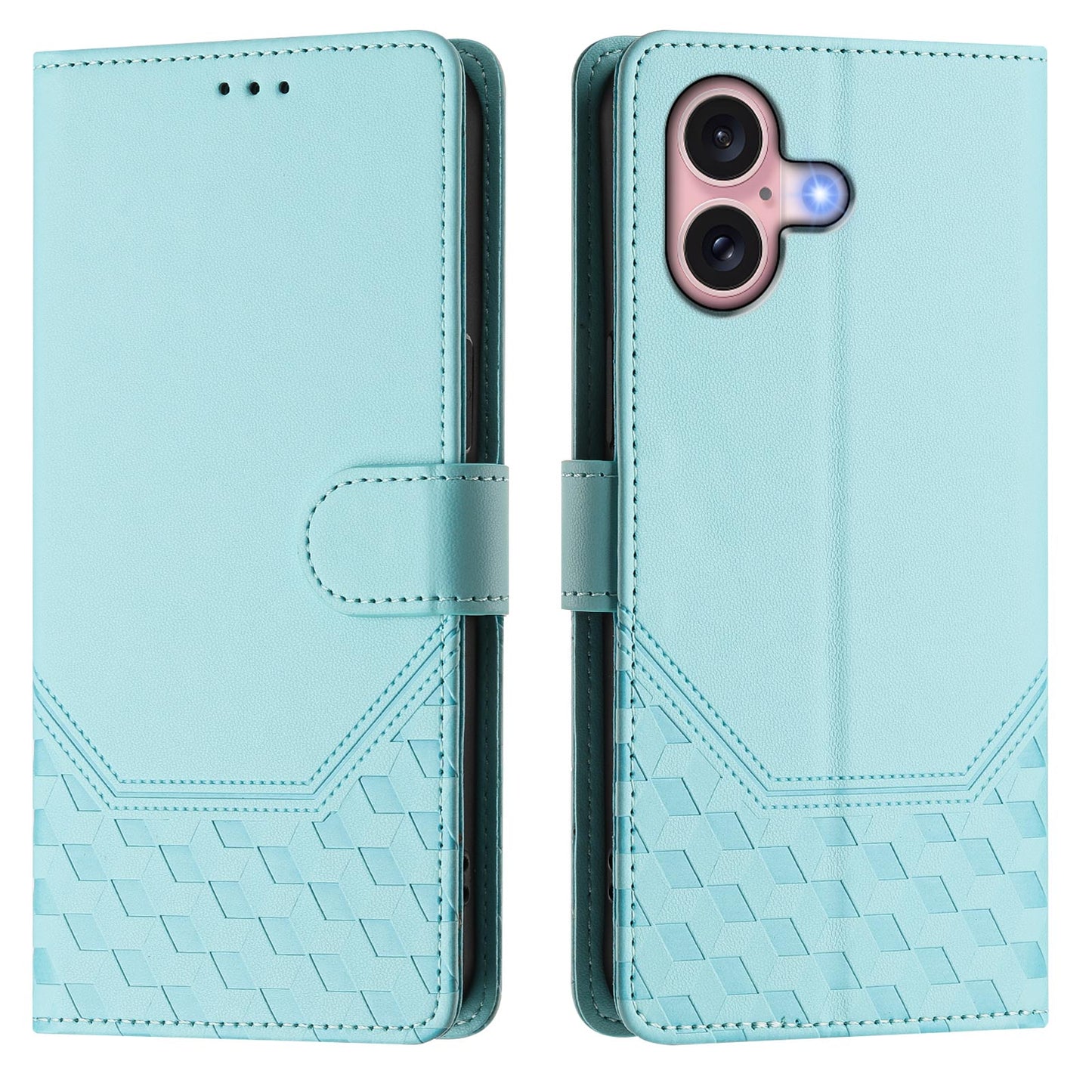 For iPhone 16 Case Imprinted Honeycomb RFID Blocking Leather Phone Cover with Strap - Mint Green