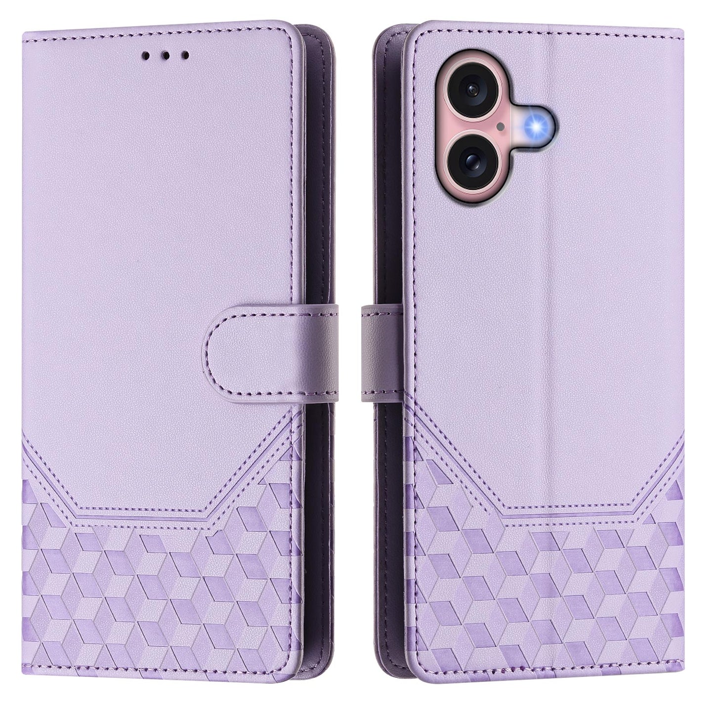 For iPhone 16 Case Imprinted Honeycomb RFID Blocking Leather Phone Cover with Strap - Light Purple