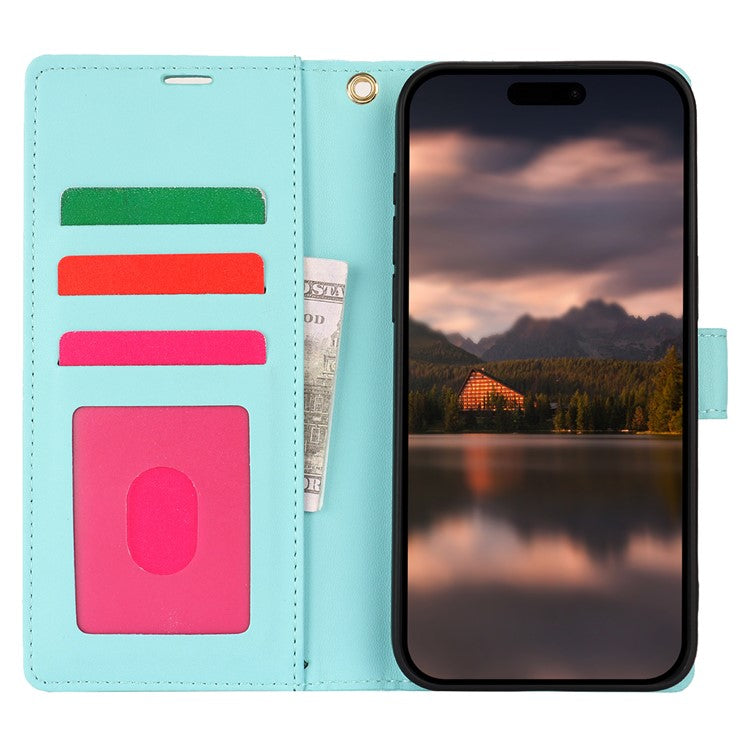 For iPhone 16 Plus Case with Hand Strap Flower Imprint Leather Wallet Phone Cover - Blue