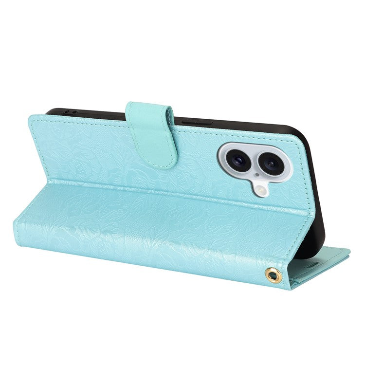 For iPhone 16 Plus Case with Hand Strap Flower Imprint Leather Wallet Phone Cover - Blue
