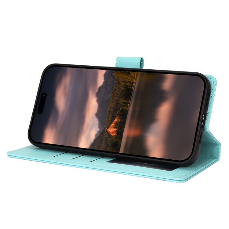 For iPhone 16 Plus Case with Hand Strap Flower Imprint Leather Wallet Phone Cover - Blue