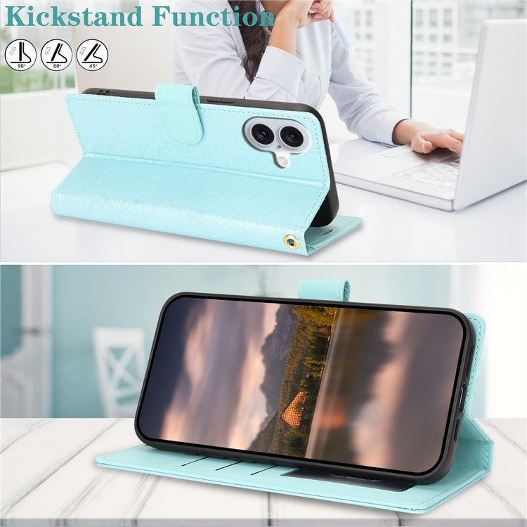 For iPhone 16 Plus Case with Hand Strap Flower Imprint Leather Wallet Phone Cover - Blue