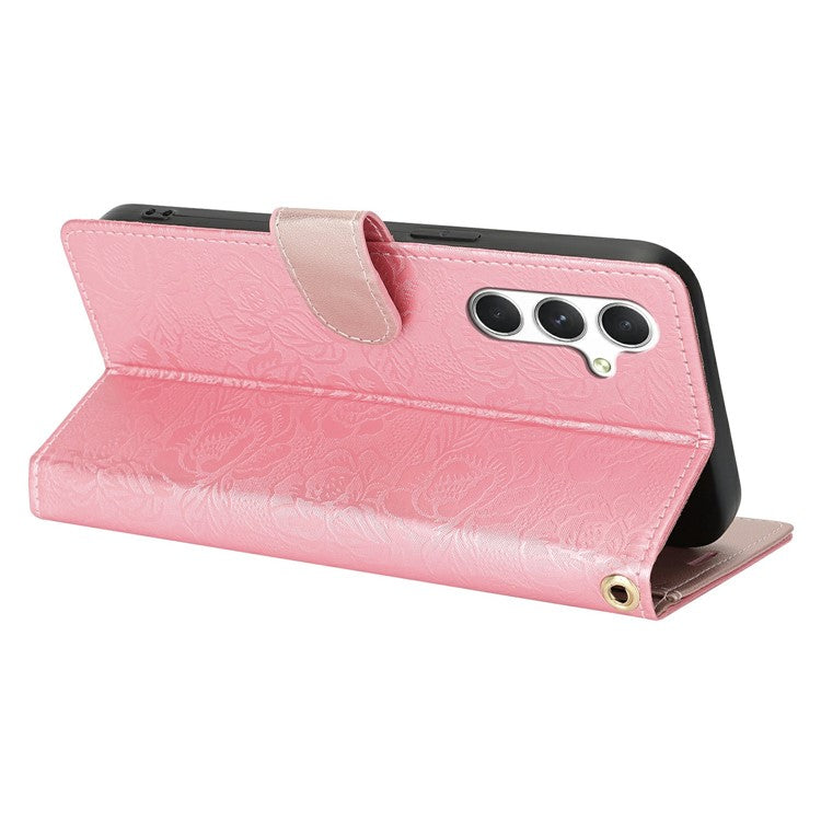For Samsung Galaxy S25 Case with Hand Strap Flower Imprint Leather Wallet Phone Cover - Rose Gold
