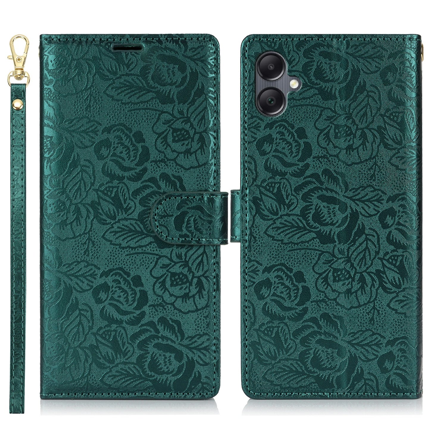 For Samsung Galaxy A06 Case with Hand Strap Flower Imprint Leather Wallet Phone Cover - Green