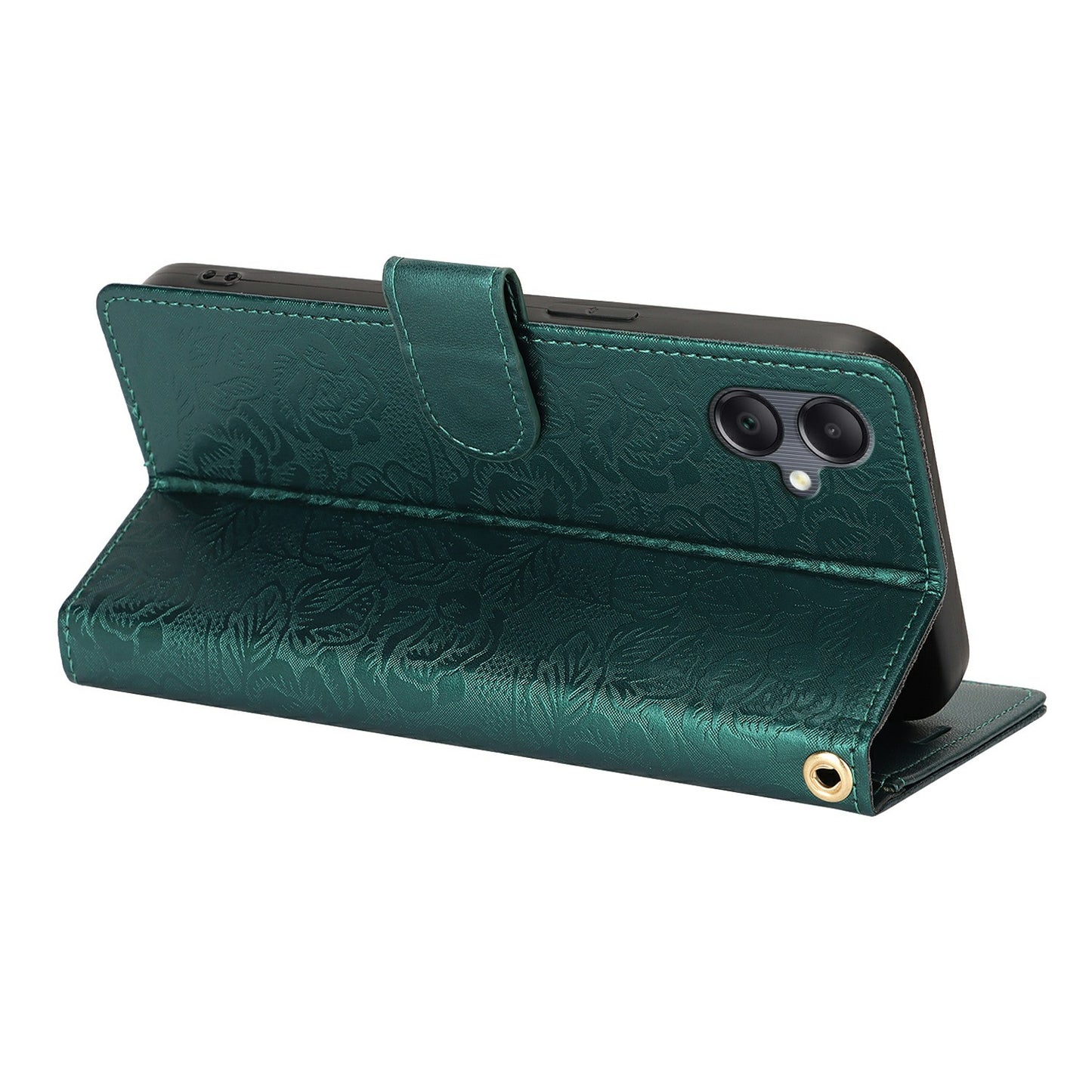 For Samsung Galaxy A06 Case with Hand Strap Flower Imprint Leather Wallet Phone Cover - Green